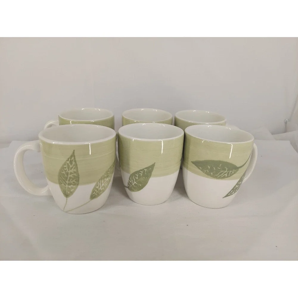 Pier‎ 1 Folia Green Leaves Band Crafted in Italy - LOT OF 6 Coffee Mugs 3 3/4'